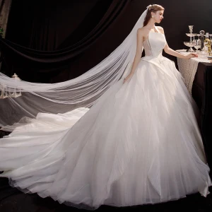 Modest Simple Champagne Satin Bridal Wedding Dresses 2020 Ball Gown Strapless Sleeveless Backless Beading Cathedral Train Ruffle