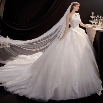 Simple Champagne Satin La Mariée Robe De Mariée 2020 Robe Boule Bustier Sans Manches Dos Nu Perlage Cathedral Train Volants