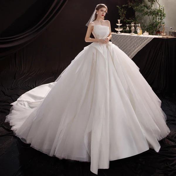 Modest / Simple Champagne Satin Bridal Wedding Dresses 2020 Ball Gown Strapless Sleeveless Backless Beading Cathedral Train Ruffle