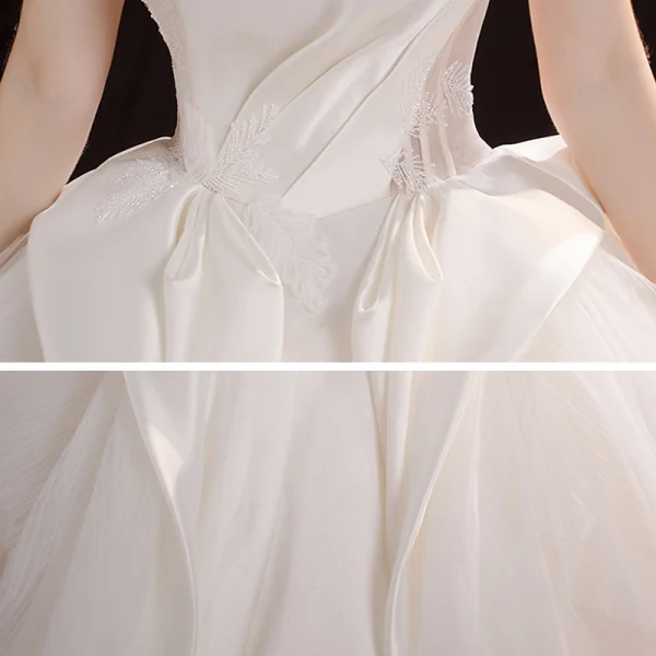 Modest / Simple Champagne Satin Bridal Wedding Dresses 2020 Ball Gown Strapless Sleeveless Backless Beading Cathedral Train Ruffle