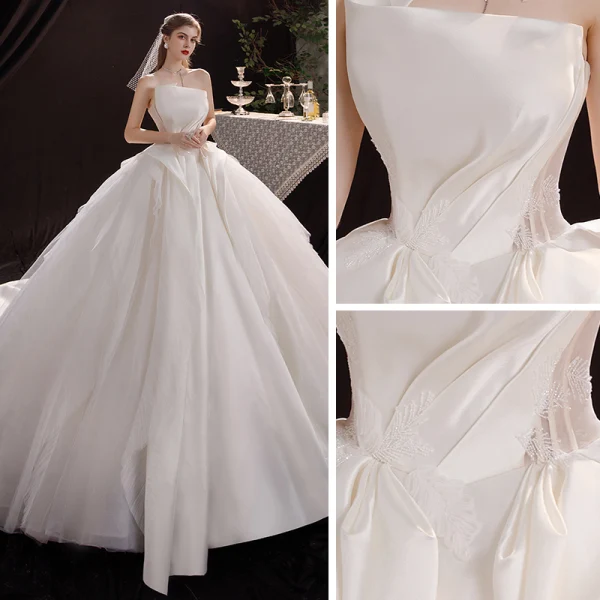 Modest / Simple Champagne Satin Bridal Wedding Dresses 2020 Ball Gown Strapless Sleeveless Backless Beading Cathedral Train Ruffle