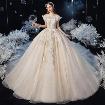 Chic Belle Champagne Transparentes La Mariée Robe De Mariée 2020 Robe Boule Col Haut Manches Longues Dos Nu Perlage Paillettes Glitter Tulle Cathedral Train Volants