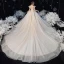 Schöne Champagner Durchsichtige Hochzeits Brautkleider / Hochzeitskleider 2020 Ballkleid Stehkragen Lange Ärmel Rückenfreies Perlenstickerei Pailletten Glanz Tülle Kathedrale Schleppe Rüschen