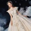 Schöne Champagner Durchsichtige Hochzeits Brautkleider / Hochzeitskleider 2020 Ballkleid Stehkragen Lange Ärmel Rückenfreies Perlenstickerei Pailletten Glanz Tülle Kathedrale Schleppe Rüschen