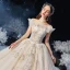 Schöne Champagner Durchsichtige Hochzeits Brautkleider / Hochzeitskleider 2020 Ballkleid Stehkragen Lange Ärmel Rückenfreies Perlenstickerei Pailletten Glanz Tülle Kathedrale Schleppe Rüschen