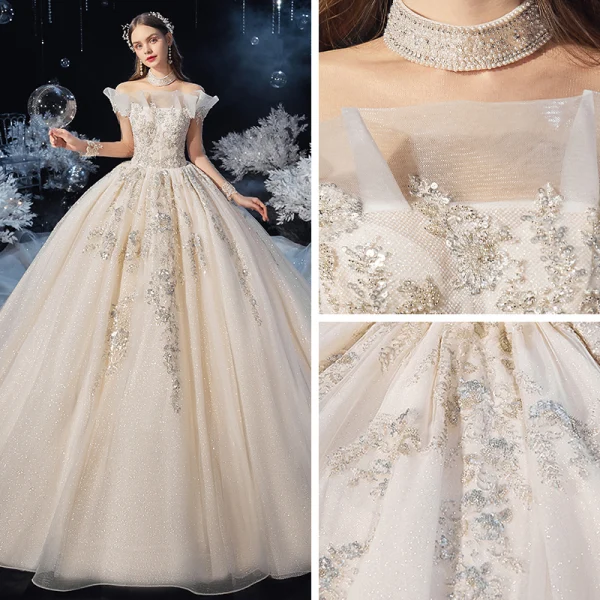 Schöne Champagner Durchsichtige Hochzeits Brautkleider / Hochzeitskleider 2020 Ballkleid Stehkragen Lange Ärmel Rückenfreies Perlenstickerei Pailletten Glanz Tülle Kathedrale Schleppe Rüschen
