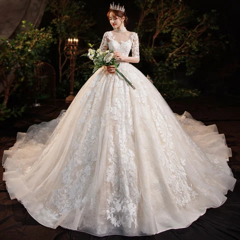 Vintage Champán Transparentes Boda Vestidos De Novia 2020 Ball Gown Cuello Alto 1/2 Ærmer Sin Espalda Apliques Con Encaje Rebordear Lentejuelas Glitter Tul Cathedral Train Ruffle