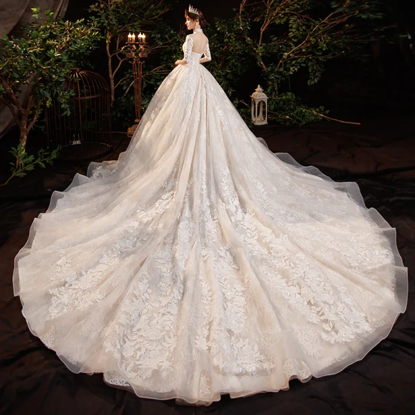 Vintage / Retro Champagne See-through Bridal Wedding Dresses 2020 Ball Gown High Neck 1/2 Sleeves Backless Appliques Lace Beading Sequins Glitter Tulle Cathedral Train Ruffle