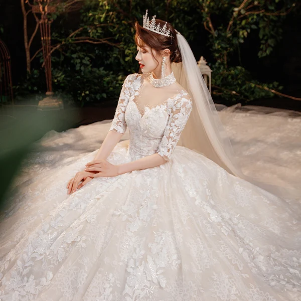 Vintage / Retro Champagne See-through Bridal Wedding Dresses 2020 Ball Gown High Neck 1/2 Sleeves Backless Appliques Lace Beading Sequins Glitter Tulle Cathedral Train Ruffle