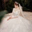 Vintage / Retro Champagne See-through Bridal Wedding Dresses 2020 Ball Gown High Neck 1/2 Sleeves Backless Appliques Lace Beading Sequins Glitter Tulle Cathedral Train Ruffle