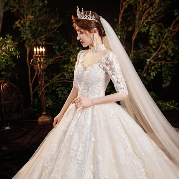Vintage / Retro Champagne See-through Bridal Wedding Dresses 2020 Ball Gown High Neck 1/2 Sleeves Backless Appliques Lace Beading Sequins Glitter Tulle Cathedral Train Ruffle