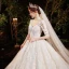 Vintage / Retro Champagne See-through Bridal Wedding Dresses 2020 Ball Gown High Neck 1/2 Sleeves Backless Appliques Lace Beading Sequins Glitter Tulle Cathedral Train Ruffle