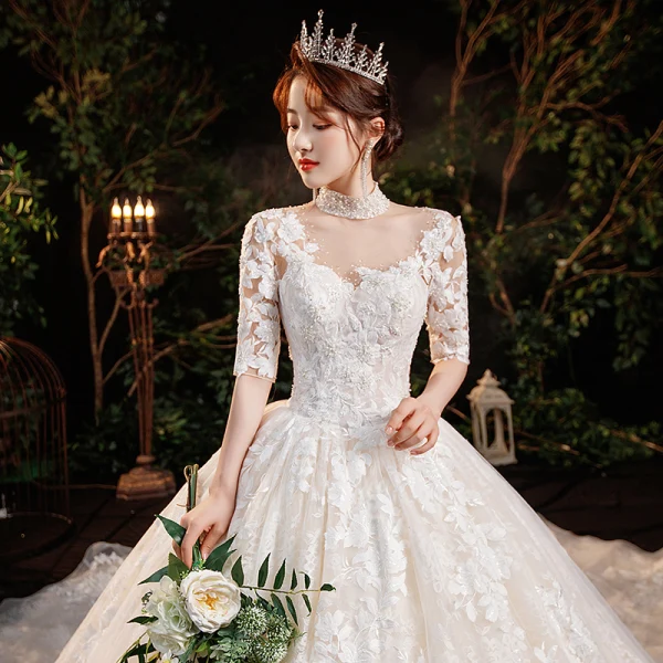 Vintage / Retro Champagne See-through Bridal Wedding Dresses 2020 Ball Gown High Neck 1/2 Sleeves Backless Appliques Lace Beading Sequins Glitter Tulle Cathedral Train Ruffle