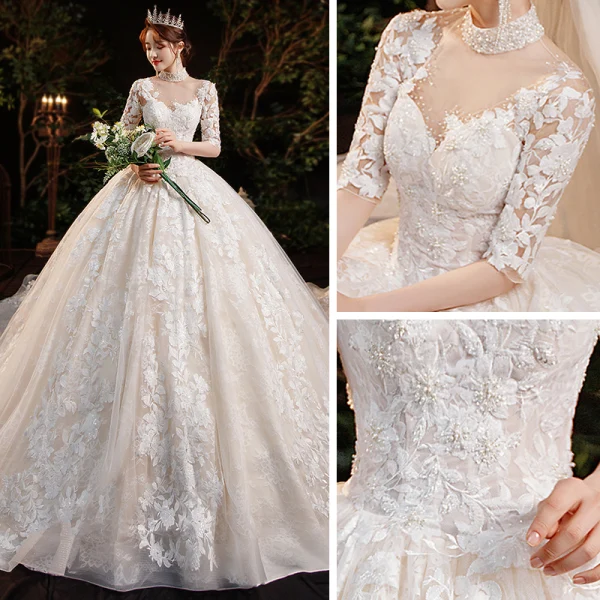 Vintage / Retro Champagne See-through Bridal Wedding Dresses 2020 Ball Gown High Neck 1/2 Sleeves Backless Appliques Lace Beading Sequins Glitter Tulle Cathedral Train Ruffle