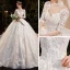 Vintage / Retro Champagne See-through Bridal Wedding Dresses 2020 Ball Gown High Neck 1/2 Sleeves Backless Appliques Lace Beading Sequins Glitter Tulle Cathedral Train Ruffle