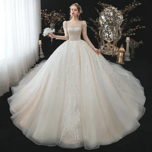 Vintage Champán Transparentes Boda Vestidos De Novia 2020 Ball Gown Escote Cuadrado Manga Larga Sin Espalda Rebordear Lentejuelas Glitter Tul Cathedral Train Ruffle