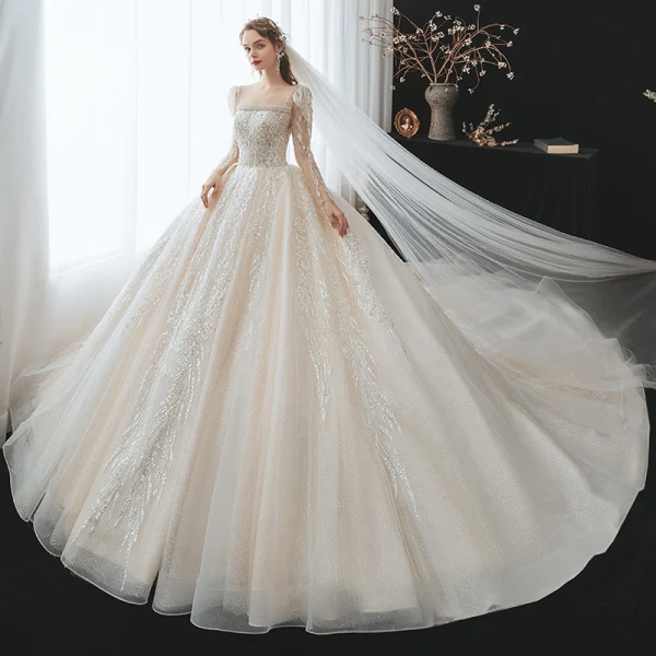 Vintage Champagner Durchsichtige Hochzeits Brautkleider / Hochzeitskleider 2020 Ballkleid Eckiger Ausschnitt Lange Ärmel Rückenfreies Perlenstickerei Pailletten Glanz Tülle Kathedrale Schleppe Rüschen