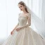 Vintage Champagner Durchsichtige Hochzeits Brautkleider / Hochzeitskleider 2020 Ballkleid Eckiger Ausschnitt Lange Ärmel Rückenfreies Perlenstickerei Pailletten Glanz Tülle Kathedrale Schleppe Rüschen