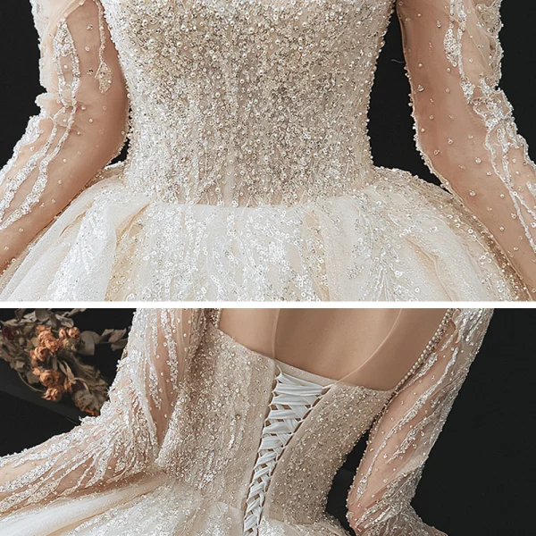 Vintage Champagner Durchsichtige Hochzeits Brautkleider / Hochzeitskleider 2020 Ballkleid Eckiger Ausschnitt Lange Ärmel Rückenfreies Perlenstickerei Pailletten Glanz Tülle Kathedrale Schleppe Rüschen