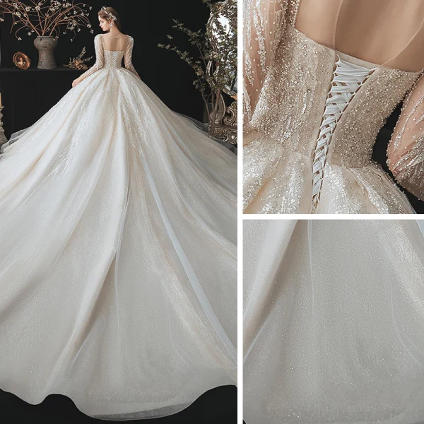 Vintage Champagner Durchsichtige Hochzeits Brautkleider / Hochzeitskleider 2020 Ballkleid Eckiger Ausschnitt Lange Ärmel Rückenfreies Perlenstickerei Pailletten Glanz Tülle Kathedrale Schleppe Rüschen