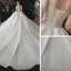 Vintage Champagner Durchsichtige Hochzeits Brautkleider / Hochzeitskleider 2020 Ballkleid Eckiger Ausschnitt Lange Ärmel Rückenfreies Perlenstickerei Pailletten Glanz Tülle Kathedrale Schleppe Rüschen