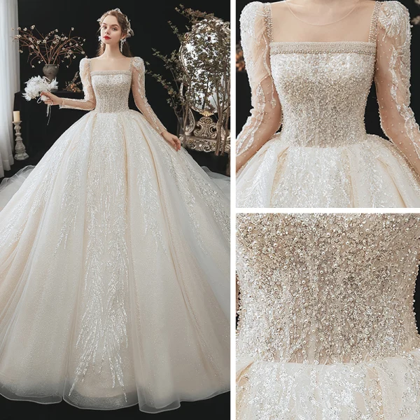 Vintage Champagner Durchsichtige Hochzeits Brautkleider / Hochzeitskleider 2020 Ballkleid Eckiger Ausschnitt Lange Ärmel Rückenfreies Perlenstickerei Pailletten Glanz Tülle Kathedrale Schleppe Rüschen
