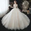 Romantique Champagne La Mariée Robe De Mariée 2020 Robe Boule Transparentes Col Haut Manches Longues Dos Nu Perlage Paillettes Fleur Glitter Tulle Cathedral Train Volants