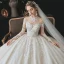 Romantique Champagne La Mariée Robe De Mariée 2020 Robe Boule Transparentes Col Haut Manches Longues Dos Nu Perlage Paillettes Fleur Glitter Tulle Cathedral Train Volants