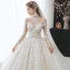 Romantique Champagne La Mariée Robe De Mariée 2020 Robe Boule Transparentes Col Haut Manches Longues Dos Nu Perlage Paillettes Fleur Glitter Tulle Cathedral Train Volants