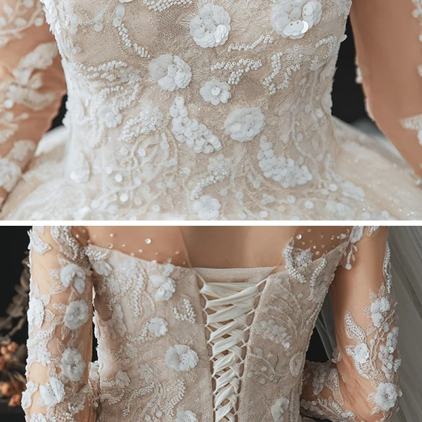 Romantique Champagne La Mariée Robe De Mariée 2020 Robe Boule Transparentes Col Haut Manches Longues Dos Nu Perlage Paillettes Fleur Glitter Tulle Cathedral Train Volants