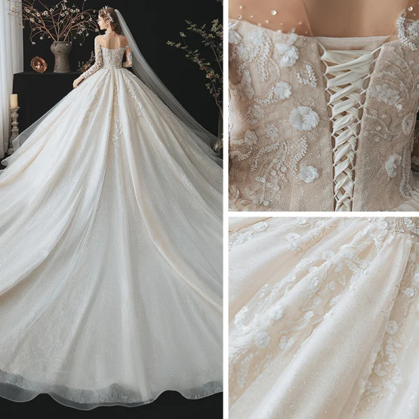 Romantique Champagne La Mariée Robe De Mariée 2020 Robe Boule Transparentes Col Haut Manches Longues Dos Nu Perlage Paillettes Fleur Glitter Tulle Cathedral Train Volants