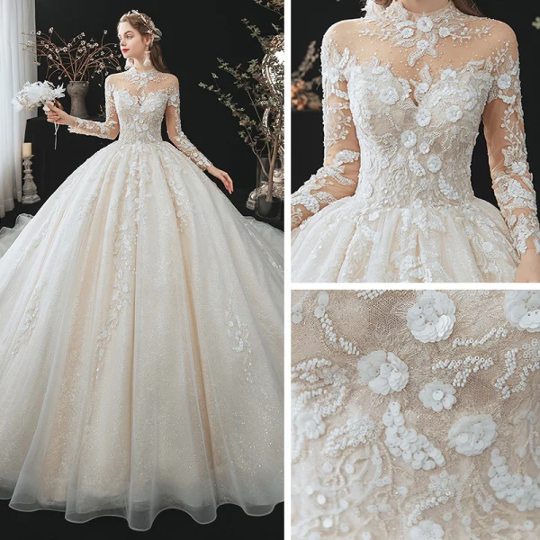 Romantique Champagne La Mariée Robe De Mariée 2020 Robe Boule Transparentes Col Haut Manches Longues Dos Nu Perlage Paillettes Fleur Glitter Tulle Cathedral Train Volants