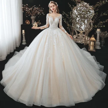 Charmant Champagne La Mariée Robe De Mariée 2020 Robe Boule Transparentes Encolure Dégagée 3 4 Manches Dos Nu Appliques En Dentelle Perlage Glitter Tulle Cathedral Train Volants