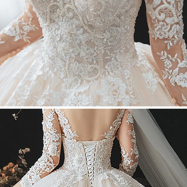Charmant Champagne La Mariée Robe De Mariée 2020 Robe Boule Transparentes Encolure Dégagée 3/4 Manches Dos Nu Appliques En Dentelle Perlage Glitter Tulle Cathedral Train Volants