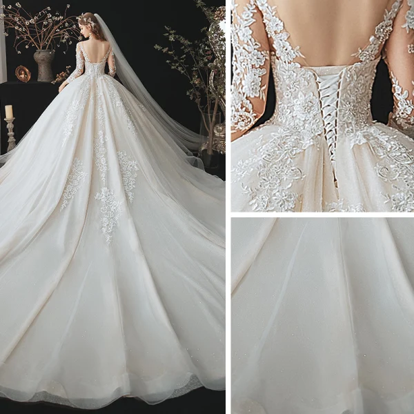 Charmant Champagne La Mariée Robe De Mariée 2020 Robe Boule Transparentes Encolure Dégagée 3/4 Manches Dos Nu Appliques En Dentelle Perlage Glitter Tulle Cathedral Train Volants