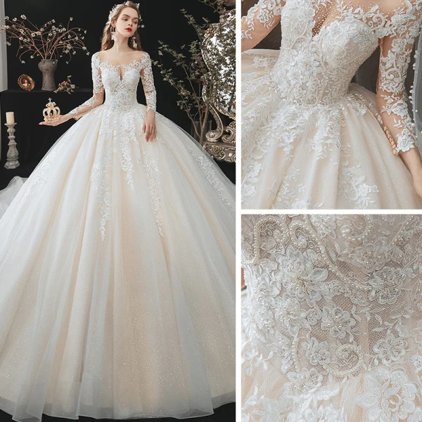 Charmant Champagne La Mariée Robe De Mariée 2020 Robe Boule Transparentes Encolure Dégagée 3/4 Manches Dos Nu Appliques En Dentelle Perlage Glitter Tulle Cathedral Train Volants