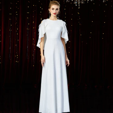 High End White Evening Dresses With Shawl 2020 A Line Princess Scoop Neck Sleeveless Sequins Beading Feather Floor Length Long Ruffle Formal Dresses