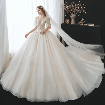 Vintage Retro Champagne Bridal Wedding Dresses 2020 Ball Gown See Through High Neck 1 2 Sleeves Backless Beading Rhinestone Glitter Tulle Cathedral Train Ruffle