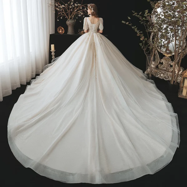 Vintage / Retro Champagne Bridal Wedding Dresses 2020 Ball Gown See-through High Neck 1/2 Sleeves Backless Beading Rhinestone Glitter Tulle Cathedral Train Ruffle