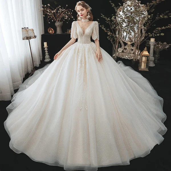 Vintage / Retro Champagne Bridal Wedding Dresses 2020 Ball Gown See-through High Neck 1/2 Sleeves Backless Beading Rhinestone Glitter Tulle Cathedral Train Ruffle