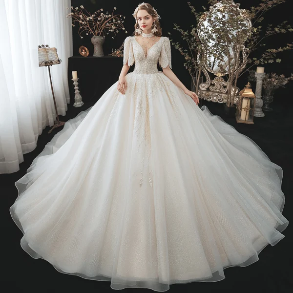 Vintage / Retro Champagne Bridal Wedding Dresses 2020 Ball Gown See-through High Neck 1/2 Sleeves Backless Beading Rhinestone Glitter Tulle Cathedral Train Ruffle