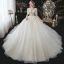 Vintage / Retro Champagne Bridal Wedding Dresses 2020 Ball Gown See-through High Neck 1/2 Sleeves Backless Beading Rhinestone Glitter Tulle Cathedral Train Ruffle