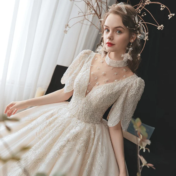 Vintage / Retro Champagne Bridal Wedding Dresses 2020 Ball Gown See-through High Neck 1/2 Sleeves Backless Beading Rhinestone Glitter Tulle Cathedral Train Ruffle
