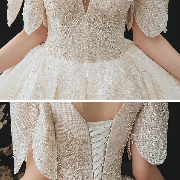 Vintage / Retro Champagne Bridal Wedding Dresses 2020 Ball Gown See-through High Neck 1/2 Sleeves Backless Beading Rhinestone Glitter Tulle Cathedral Train Ruffle