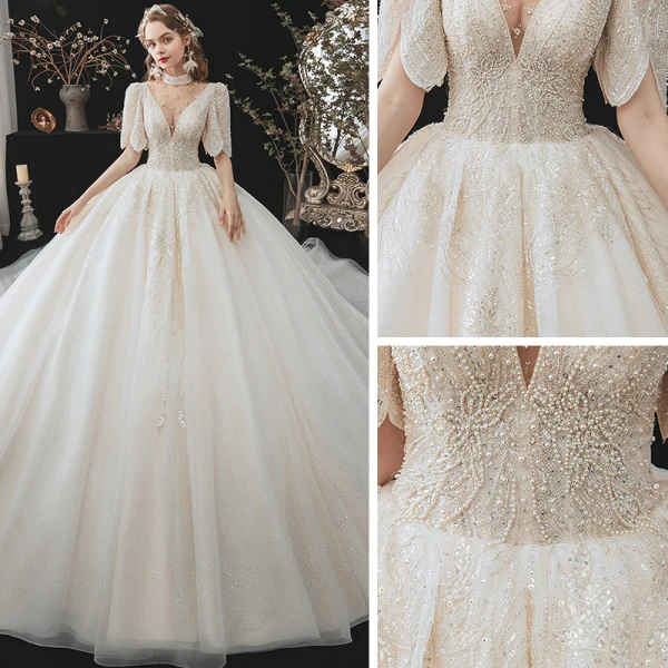 Vintage / Retro Champagne Bridal Wedding Dresses 2020 Ball Gown See-through High Neck 1/2 Sleeves Backless Beading Rhinestone Glitter Tulle Cathedral Train Ruffle