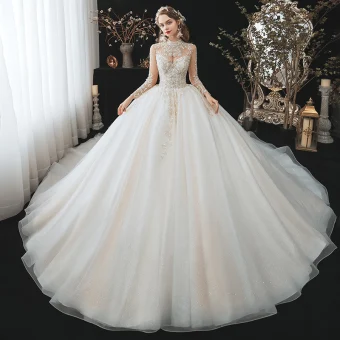 Romantic Champagne Bridal Wedding Dresses 2020 Ball Gown See Through High Neck Long Sleeve Backless Beading Glitter Tulle Cathedral Train Ruffle