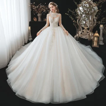 Romantic Champagne Bridal Wedding Dresses 2020 Ball Gown See Through High Neck Long Sleeve Backless Beading Glitter Tulle Cathedral Train Ruffle