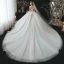Romantique Champagne La Mariée Robe De Mariée 2020 Robe Boule Transparentes Col Haut Manches Longues Dos Nu Perlage Glitter Tulle Cathedral Train Volants