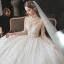 Romantique Champagne La Mariée Robe De Mariée 2020 Robe Boule Transparentes Col Haut Manches Longues Dos Nu Perlage Glitter Tulle Cathedral Train Volants