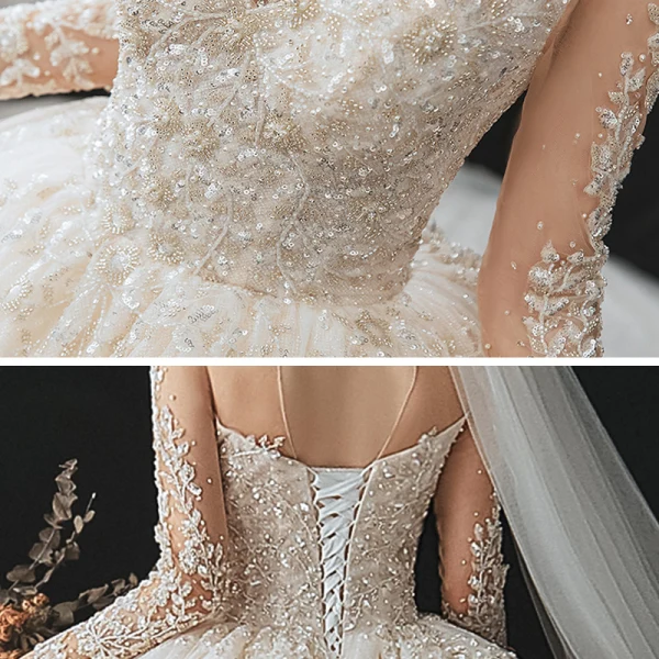 Romantique Champagne La Mariée Robe De Mariée 2020 Robe Boule Transparentes Col Haut Manches Longues Dos Nu Perlage Glitter Tulle Cathedral Train Volants